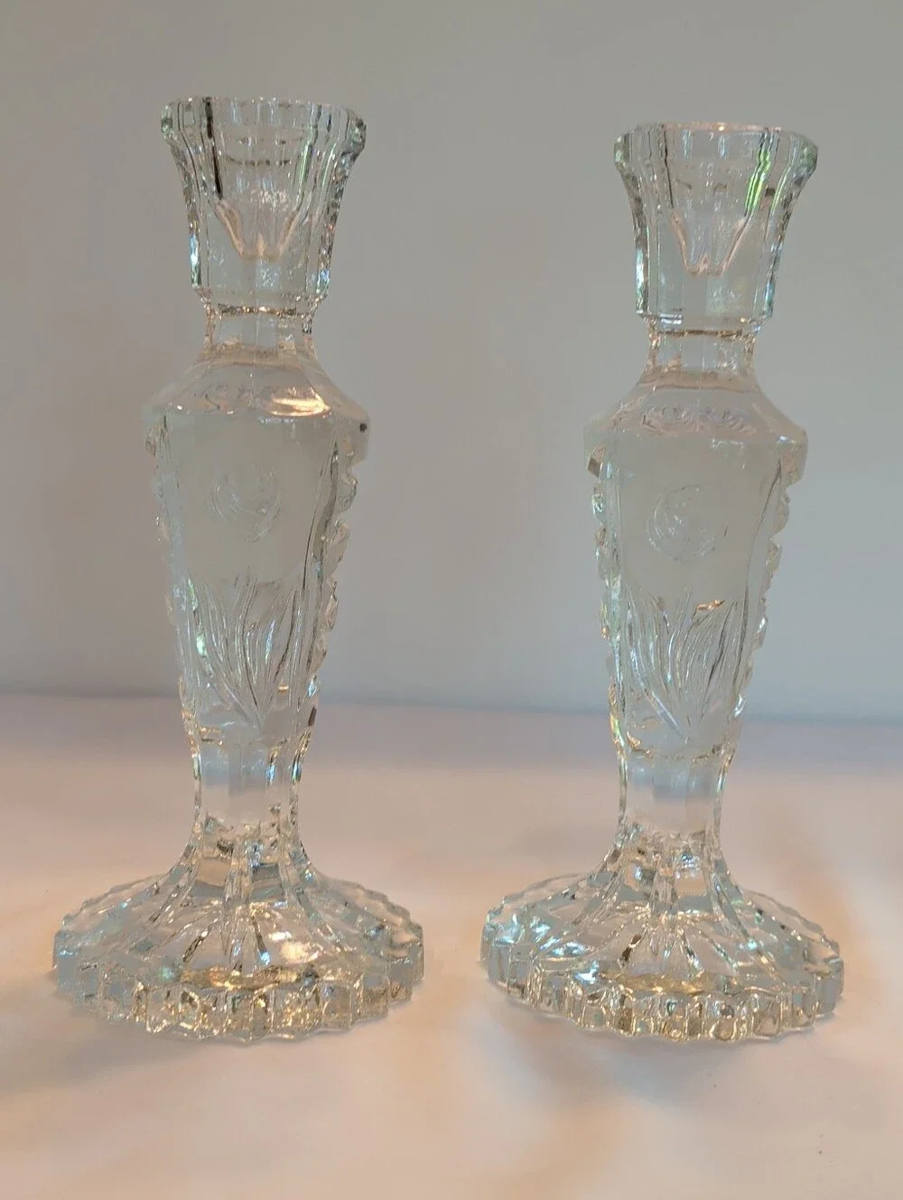 Candlesticks Pair Heavy Crystal Frosted Roses Hofbauer Germany Vintage 7.5
